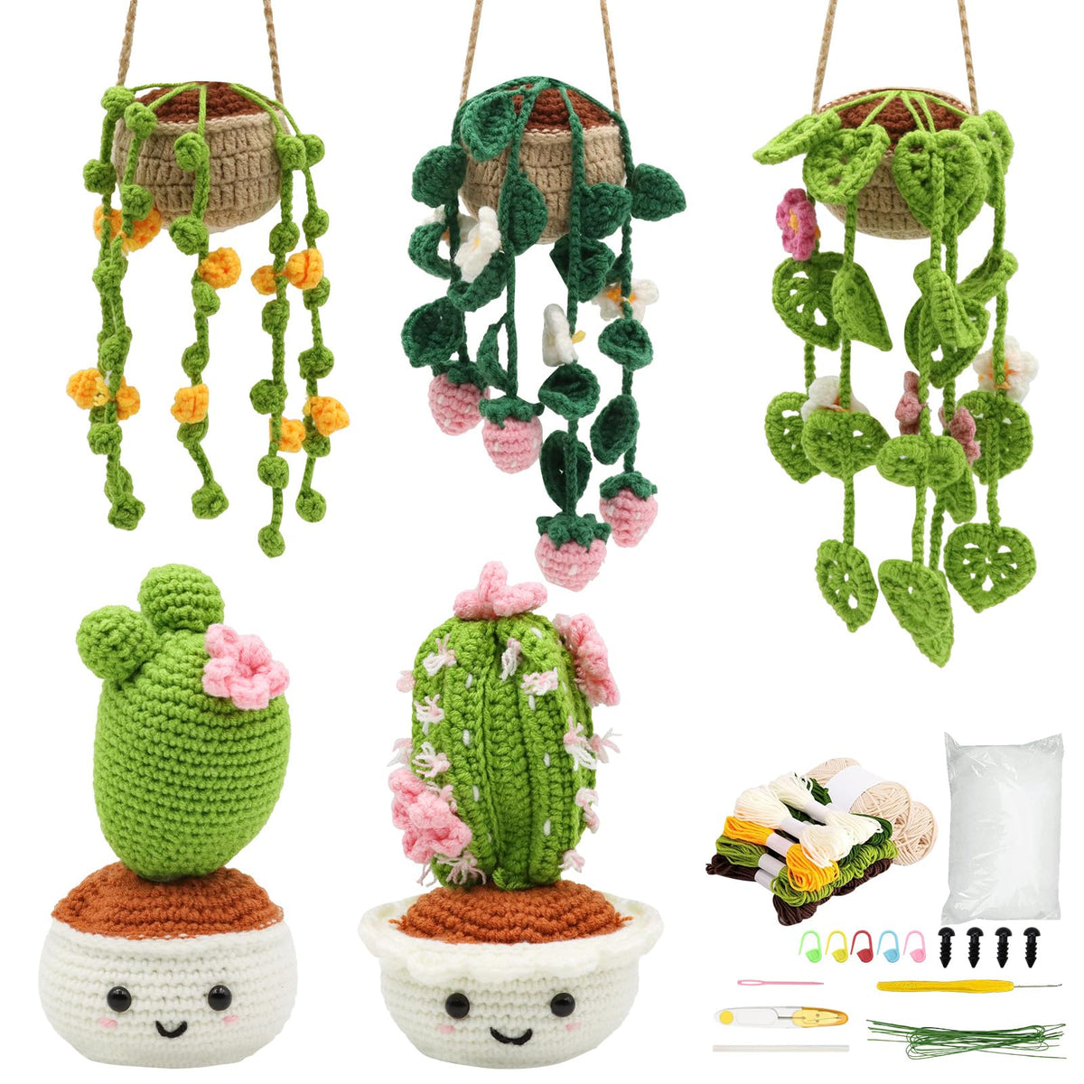 Scettar Crochet Kit for Beginners 5pcs, Crochet Potted Plants Beginner Crochet Kit with Instructions, Crochet Kit Plants for Adults/kdis, Beginner Crochet Kits for Home/Office Decorations