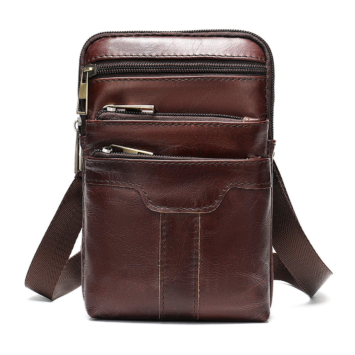 Cell Phone Shoulder Bag Leather Men, Cellphone Belt Clip Pouch Coffee, 6.7" Outdoor Sport Crossbody Bag Travel Waist Purse Hiking Fanny Pack Carry bag Smartphone Shoulder Holster Wallet with Zipper