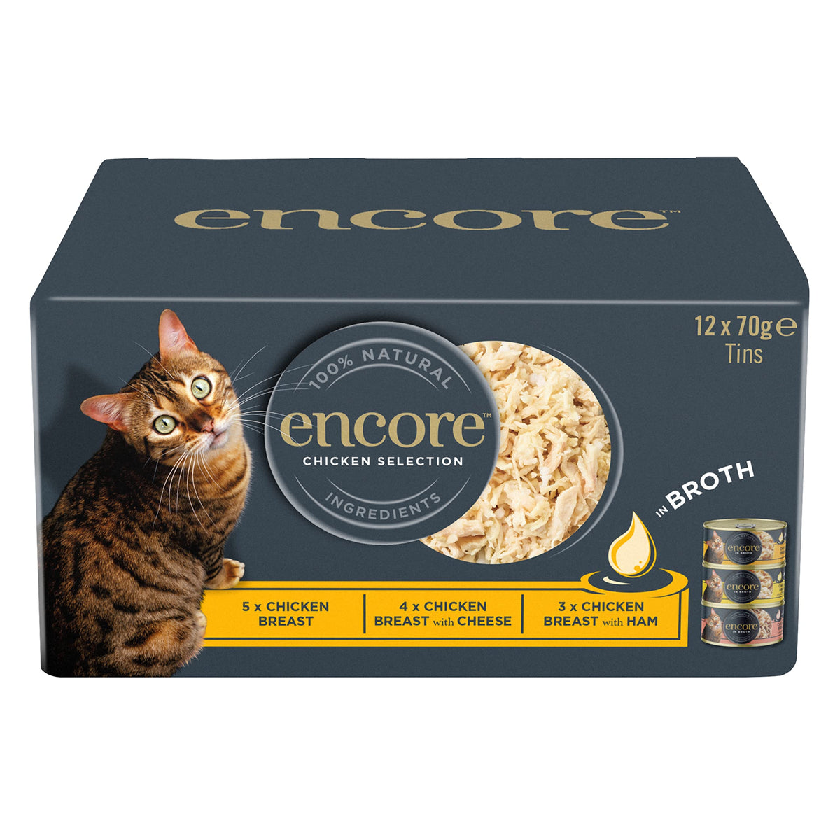 Encore 100% Natural Wet Cat Food, Multipack Chicken Selection in Broth (Pack of 12 x 70g Tins)