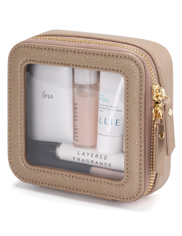 Popvibe Clear Makeup Bag Travel Cosmetic Case Transparent Toiletry Bag with Zipper, Portable Make Up Organizer Traveling Compact Car Bag for Essentials, Gold, Mini Chic