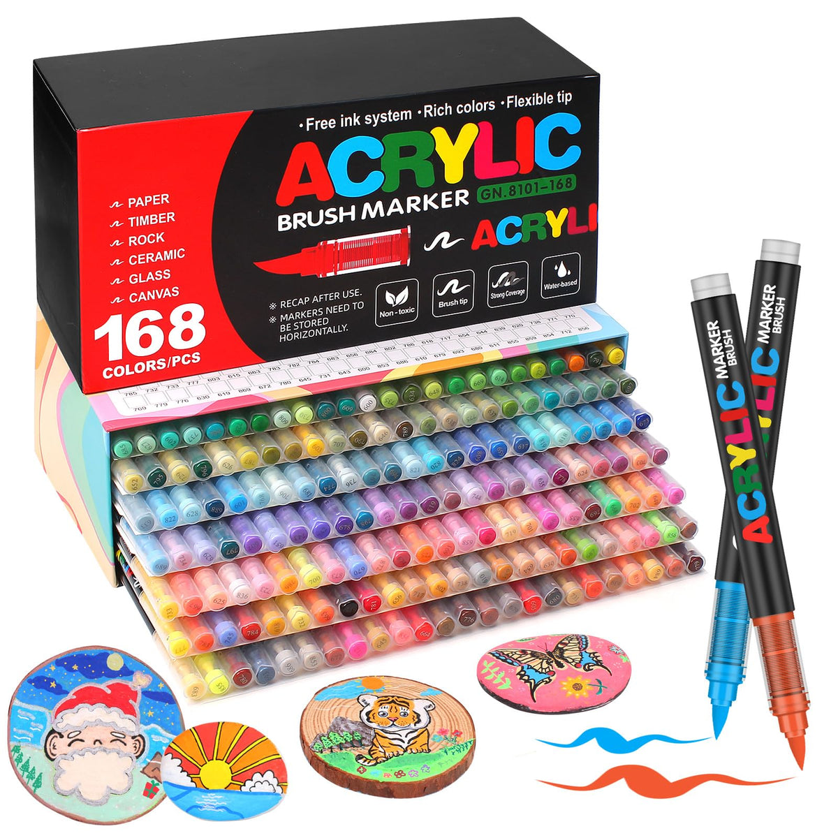 Laconile 168 Colours Accrylic Paint Brush Markers Set -Paint Pens Acrylic Markers for Rock Painting Cermic Glass Stone Metal Fabric, Water-based Acrylic Paint Pens with 1-5MM Flexible Brush Tip