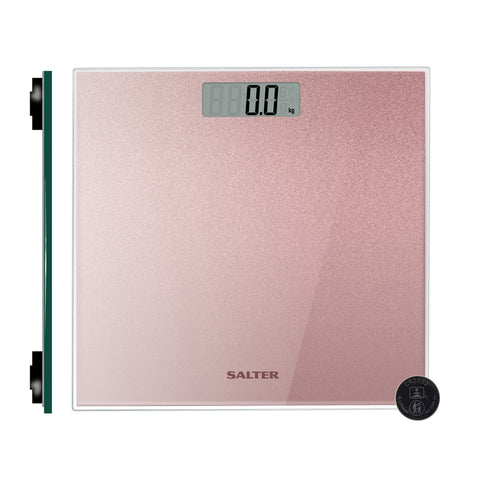 Salter 9037 RGGL3R Digital Bathroom Scale - Rose Gold Body Weighing Scales, Toughened Glass Platform, Large Easy Read Display, Instant Weight Reading, Slim Compact Design, 180KG Capacity, Pink Glitter