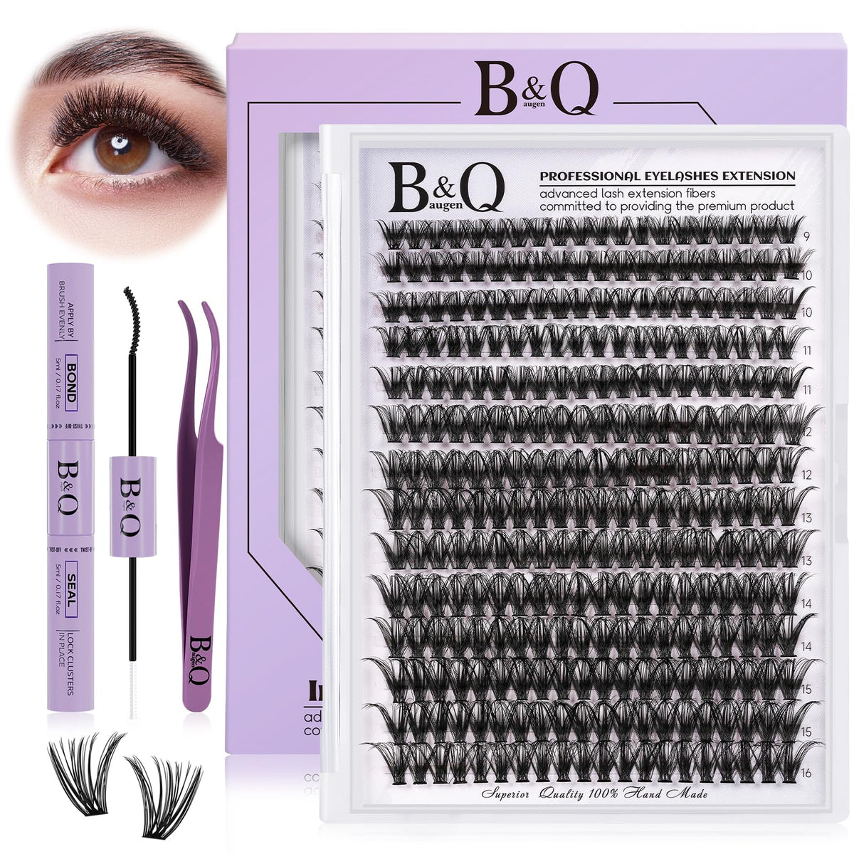 DIY Lash Extension Kit 280pcs Individual Lashes Cluster B&Q D Curl Eyelash Extension Kit Lash Clusters with Lash Bond and Seal and Lash Applicator Tool for Self Application (KIT,40D-C-9-16MIX)