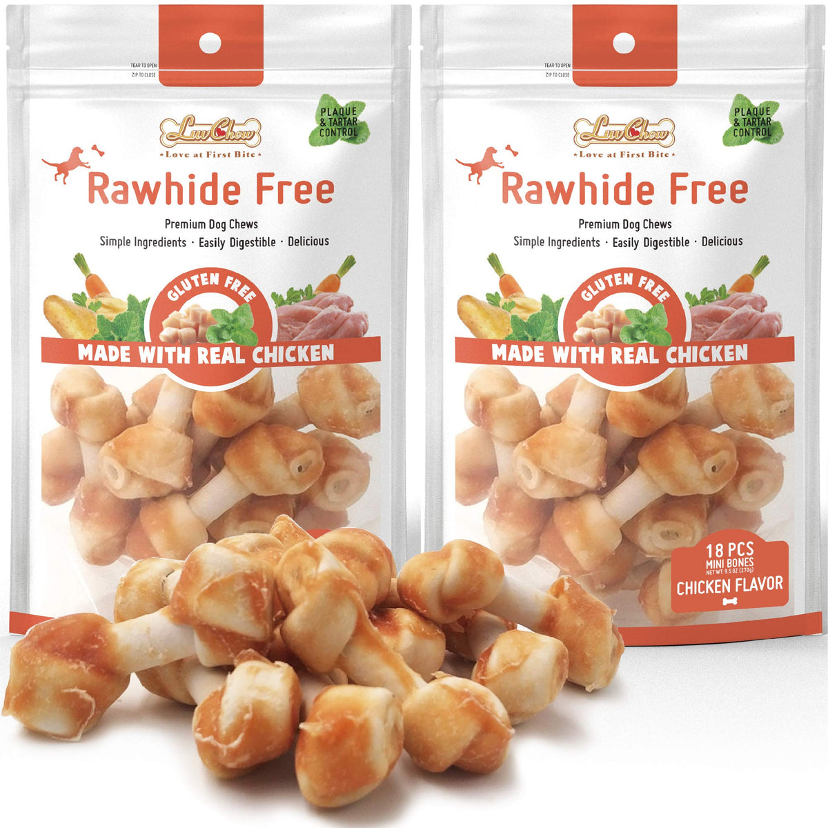 LuvChew Premium Dog Chew Bones for Small Dogs, Rawhide Free, Grain Free, Made with Limited Ingredients, Delicious Mini 18pcs/Pack x 2packs