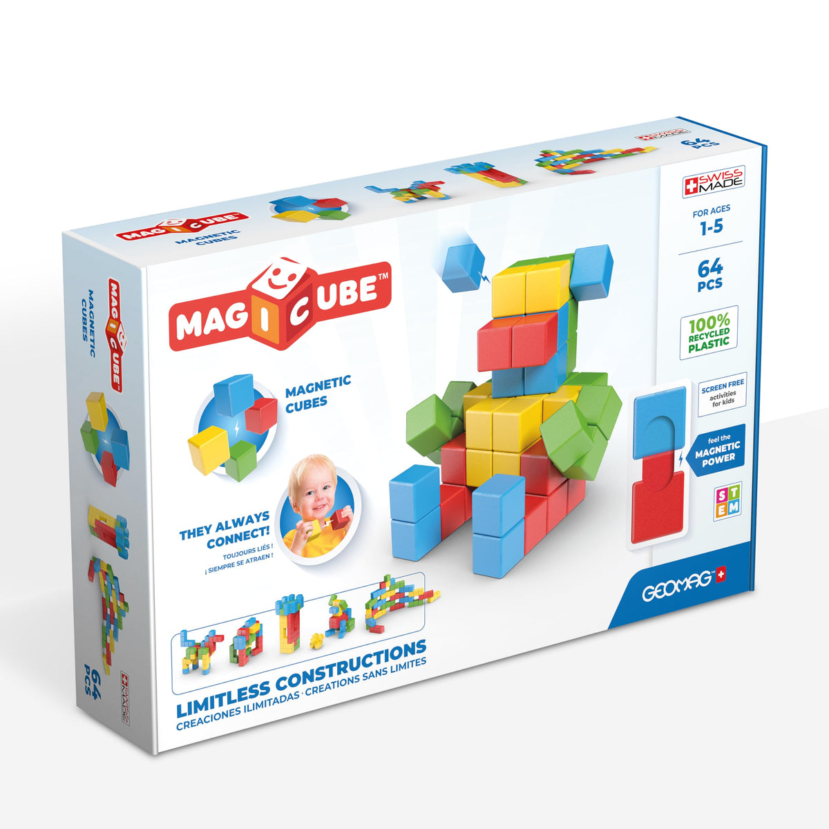 Geomag - Magicube 1+ Full Colour - Magnetic Cubes for Kids - 4 Colours - 64 Blocks - 100 Percent Recycled Plastic