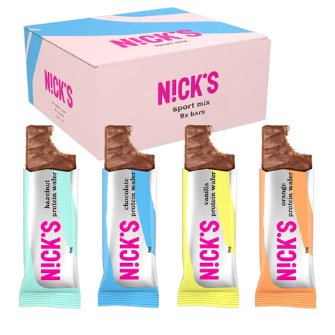 NICKS Protein Bar Sport Mix, Low Carb 25% Protein Chocolate Wafers, 194 Calories, No Added Sugar Gluten Free Snacks Bars (9x40g)
