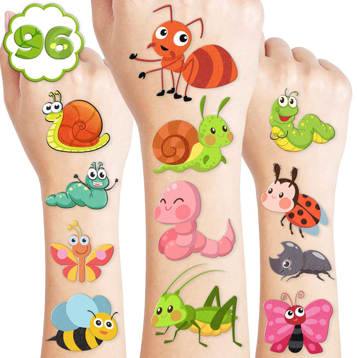 96PCS Bug Temporary Tattoos Birthday Party Supplies Decorations Tattoos Stickers Insect, Ladybug, Ant, Snail, Butterfly Cute Party Favors Kids Boys Girls Gifts Ideas Classroom School Prizes Themed
