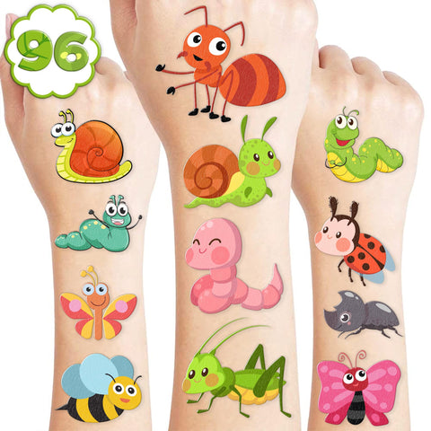 96PCS Bug Temporary Tattoos Birthday Party Supplies Decorations Tattoos Stickers Insect, Ladybug, Ant, Snail, Butterfly Cute Party Favors Kids Boys Girls Gifts Ideas Classroom School Prizes Themed