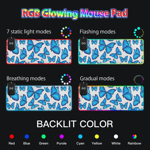 Blue Butterfly Wireless Charging Mouse Pad for Mobile Phone Extra Large Gaming Mousepad with 13 Lighting Modes Keyboard Mat for Office Home Gaming MacBook PC Laptop Desk