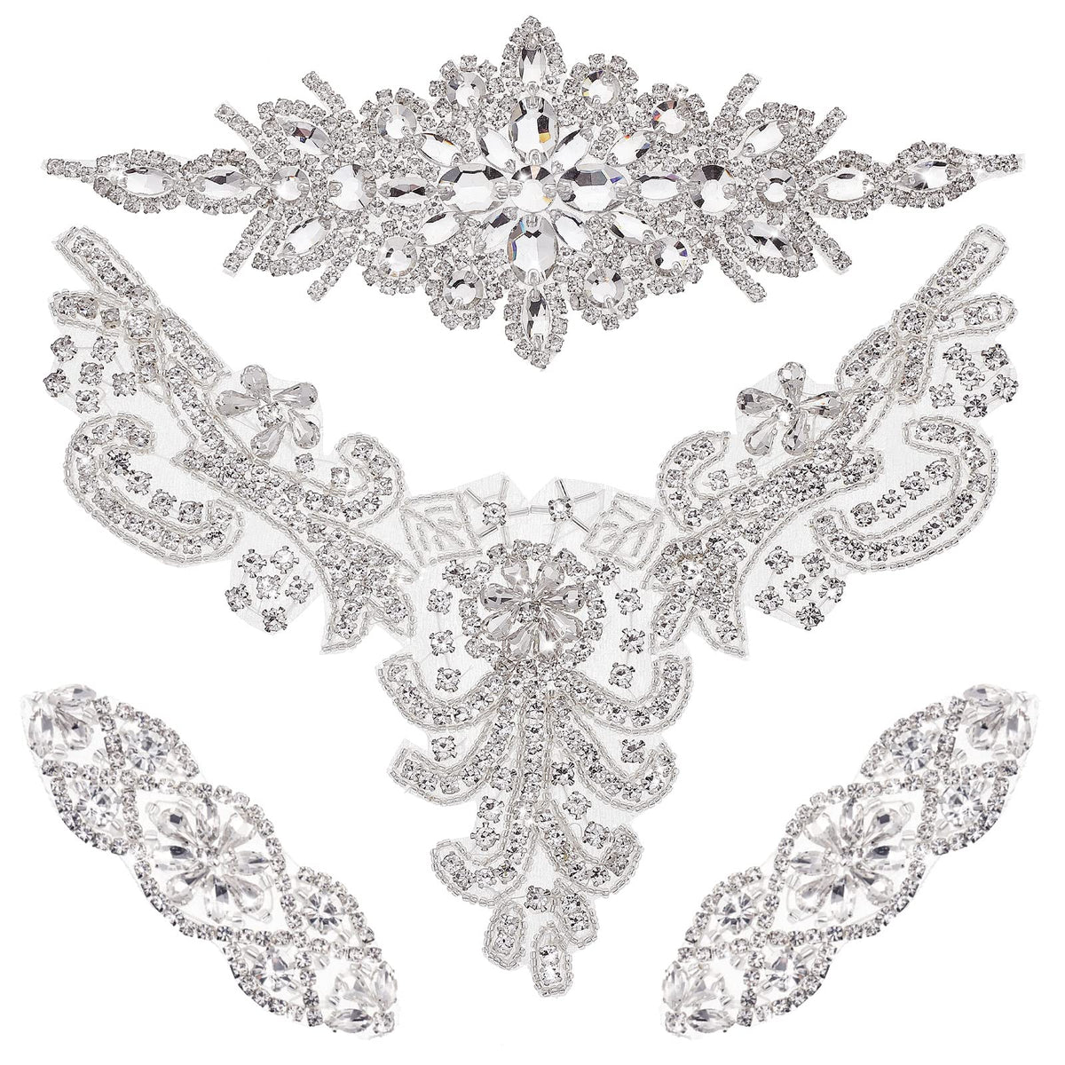 4 Pieces Crystal Rhinestone Applique Silver Bridal Wedding Applique Iron on Rhinestone Bridal Sash Applique for Women Prom Clothes Wedding Dress Belt Decoration Headpieces