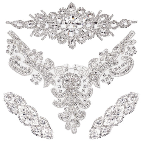 4 Pieces Crystal Rhinestone Applique Silver Bridal Wedding Applique Iron on Rhinestone Bridal Sash Applique for Women Prom Clothes Wedding Dress Belt Decoration Headpieces