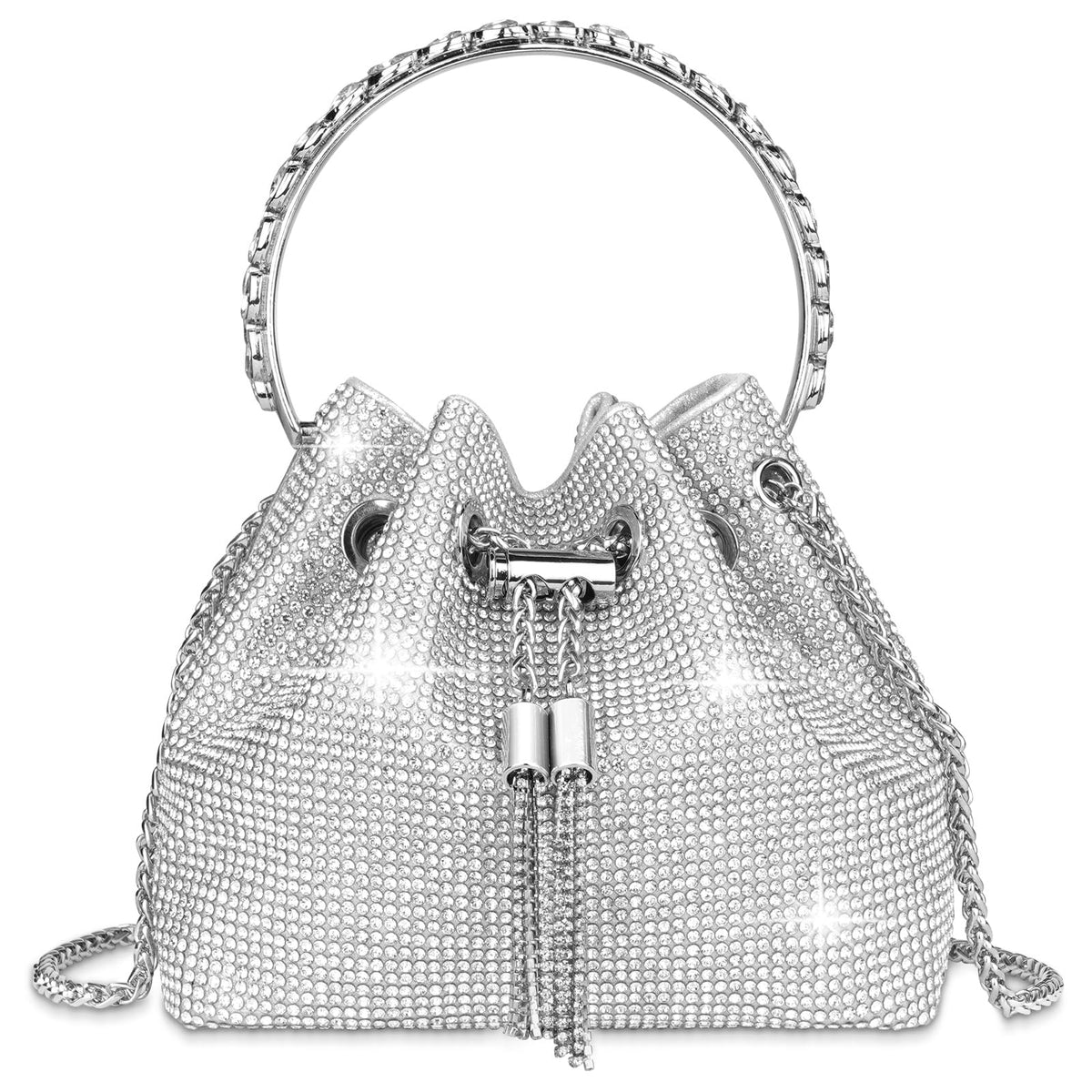 OSDUE Bling Crystal Rhinestone Purse for Women, Women Full Diamonds Bucket Handbag, Sparkly Clutch Handbag Crossbody Bag for Evening Party Prom Cocktail Wedding (Silver)