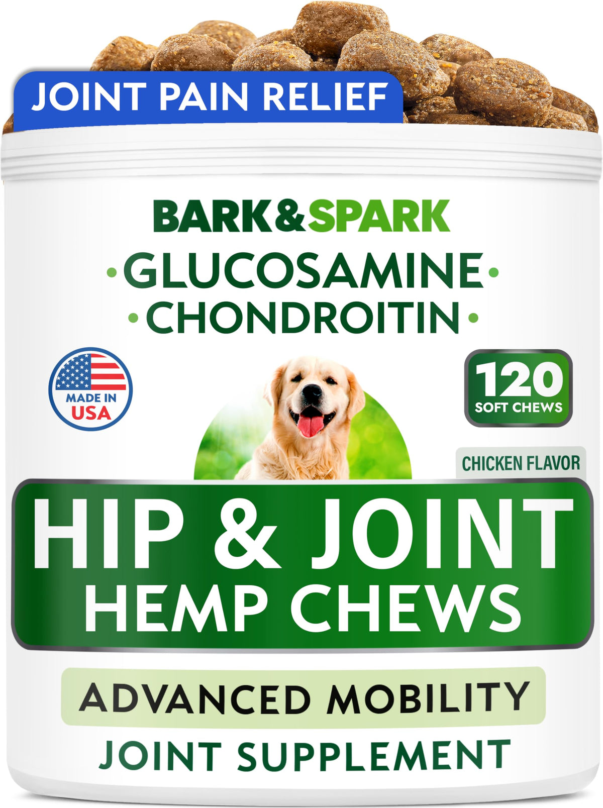 Bark&Spark Advanced Hemp Chews for Dog Joint Pain Relief - Glucosamine Chondroitin Hemp Treats Hip Joint Health - Joint Supplement Large Breed & Small - Hemp Treats Joints Old Senior Dog (120Ct)