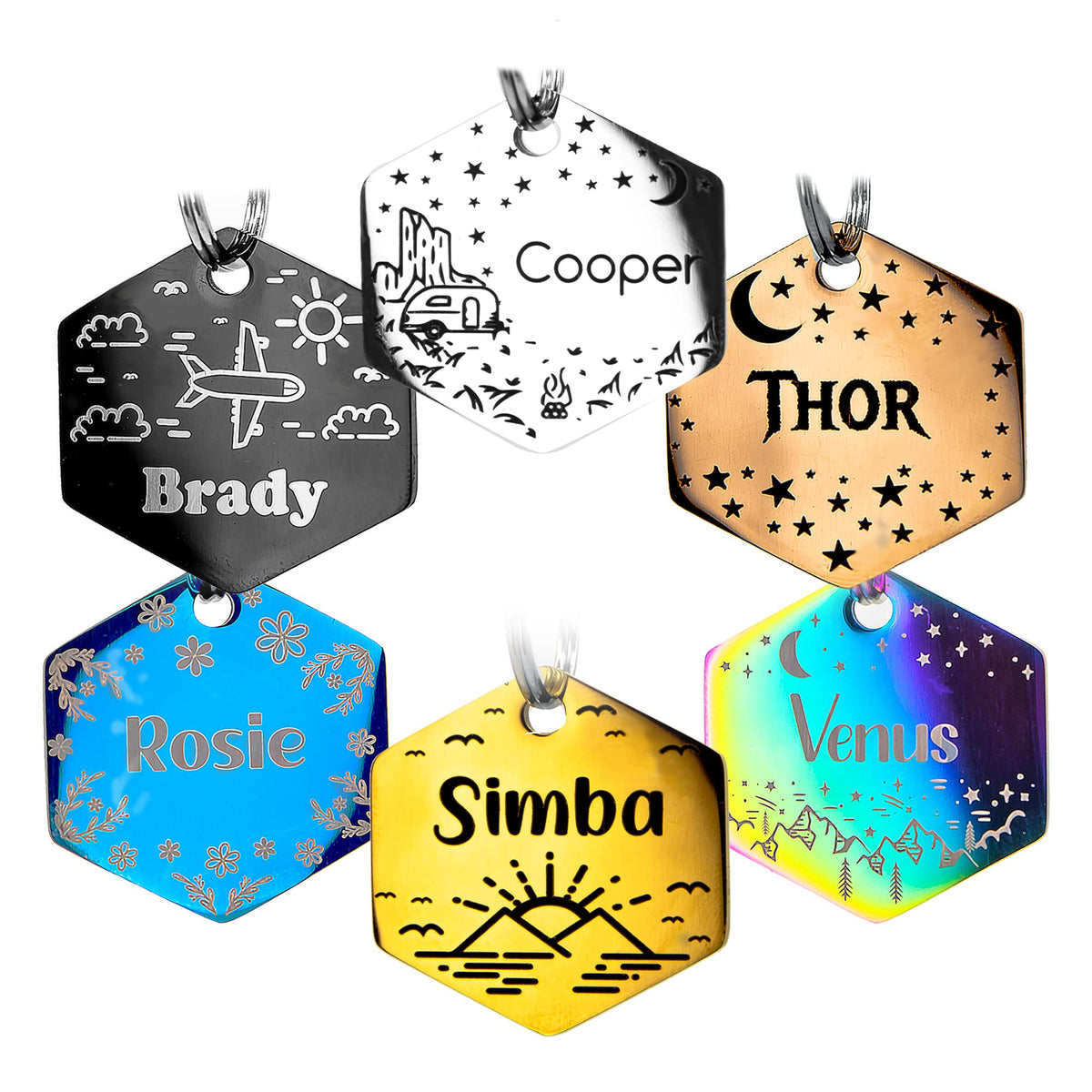 Personalized Dog Tag with 5 Lines of Custom Deep Engraved Durable Stainless Steel Pet ID Name Tag Designer Regular Size Hexagon