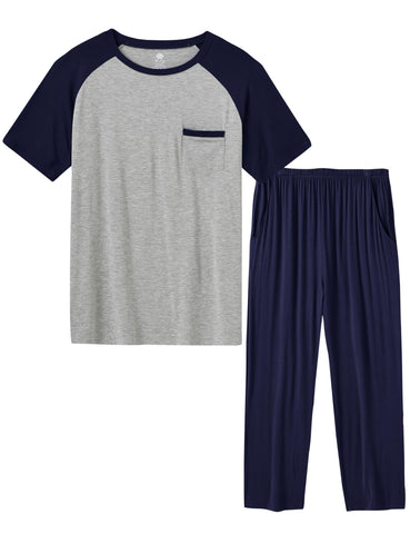 MoFiz Men's Pajamas Set Short Sleeve T-shirts Modal Bottom Pants For Christmas Pijama Sleep Night Suit 2 Piece Pjs Set Comfort (B-Navy Set XL)