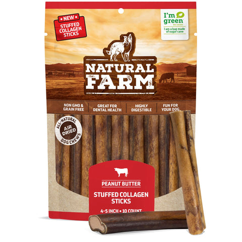 Natural Farm Peanut Butter Stuffed Collagen Chews for Dogs (4-5 Inch, 10 Pack), Rawhide-Free Collagen Sticks, Odor-Free Natural Dog Chews, Long Lasting Treats for Small, Medium Dogs