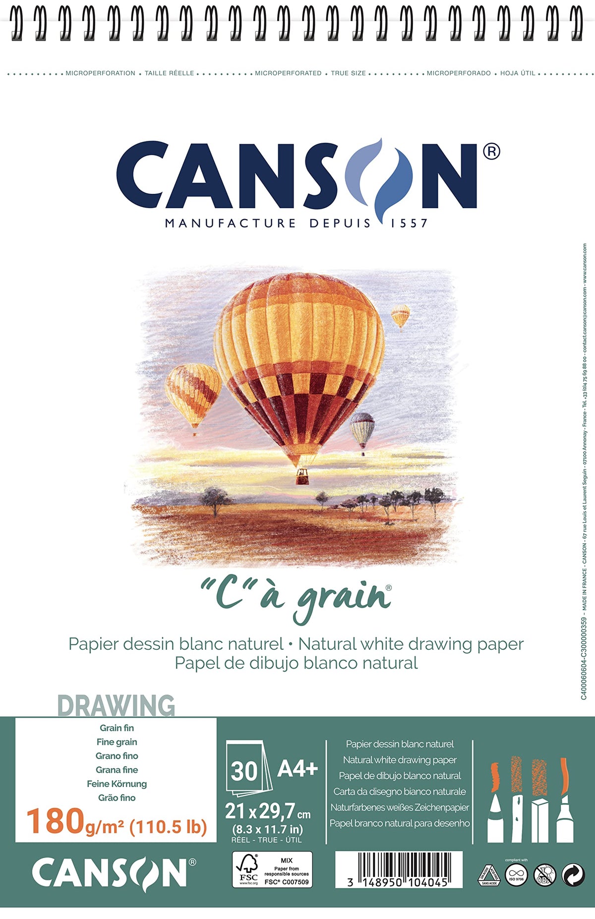 Canson "C à grain spiral notebook, DIN A4+, 30 sheets, 180 g/m², slightly grained