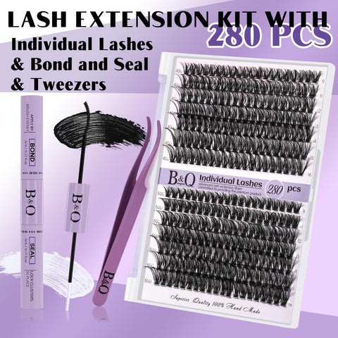 B&Q Lash Extension Kit for Beginners 280pcs Eyelash Extension Kit 40D+50D 9-16 Mixed Lash Clusters Kit D Curl Lash Kit with Lash Bond and Seal Individual Lashes Kit DIY (KIT,40D+50D-D-9-16MIX)