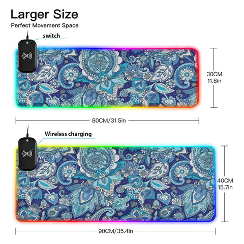 Flower Boho Paisley Wireless Charging Mouse Pad for Mobile Phone Extra Large Gaming Mousepad with 13 Lighting Modes Extended Desk Mat for Gaming MacBook PC Laptop Desk Office Home