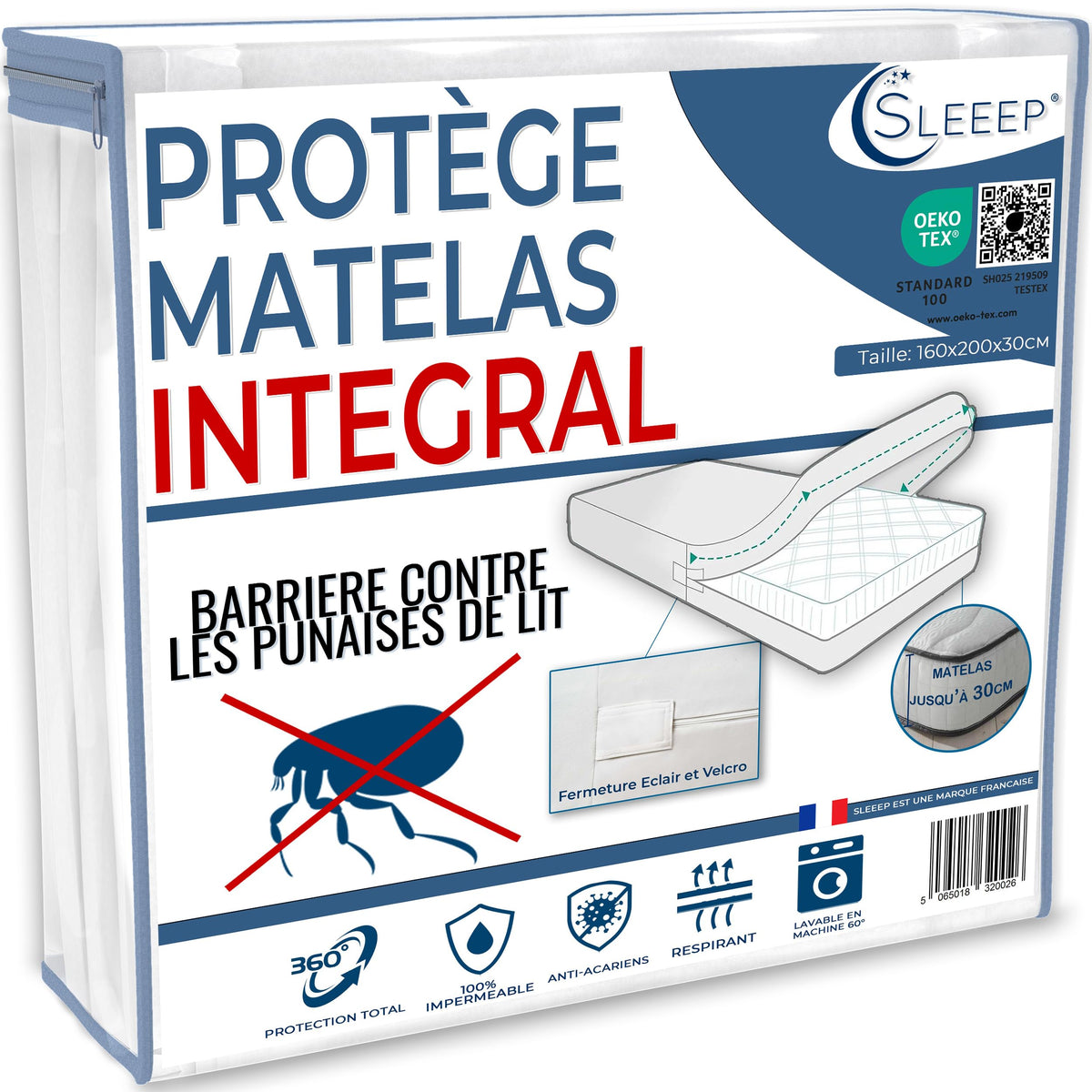Mattress Cover 160 x 200 cm Anti-Bed Bug with Zip Waterproof Mattress Protector Integral OekoTex - Hotel Quality