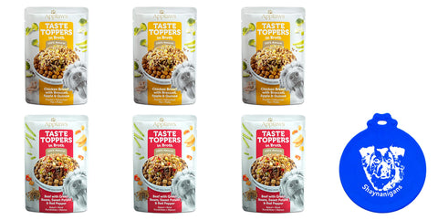 Applaws Taste Toppers Wet Dog Food with Broth in 2 Flavors: (3) Beef w/Green Beans, Sweet Potato, Red Pepper & (3) Chicken Breast w/Broccoli, Apple, Quinoa (6 Pouches Total, 3 Oz Ea) + Silicone Lid