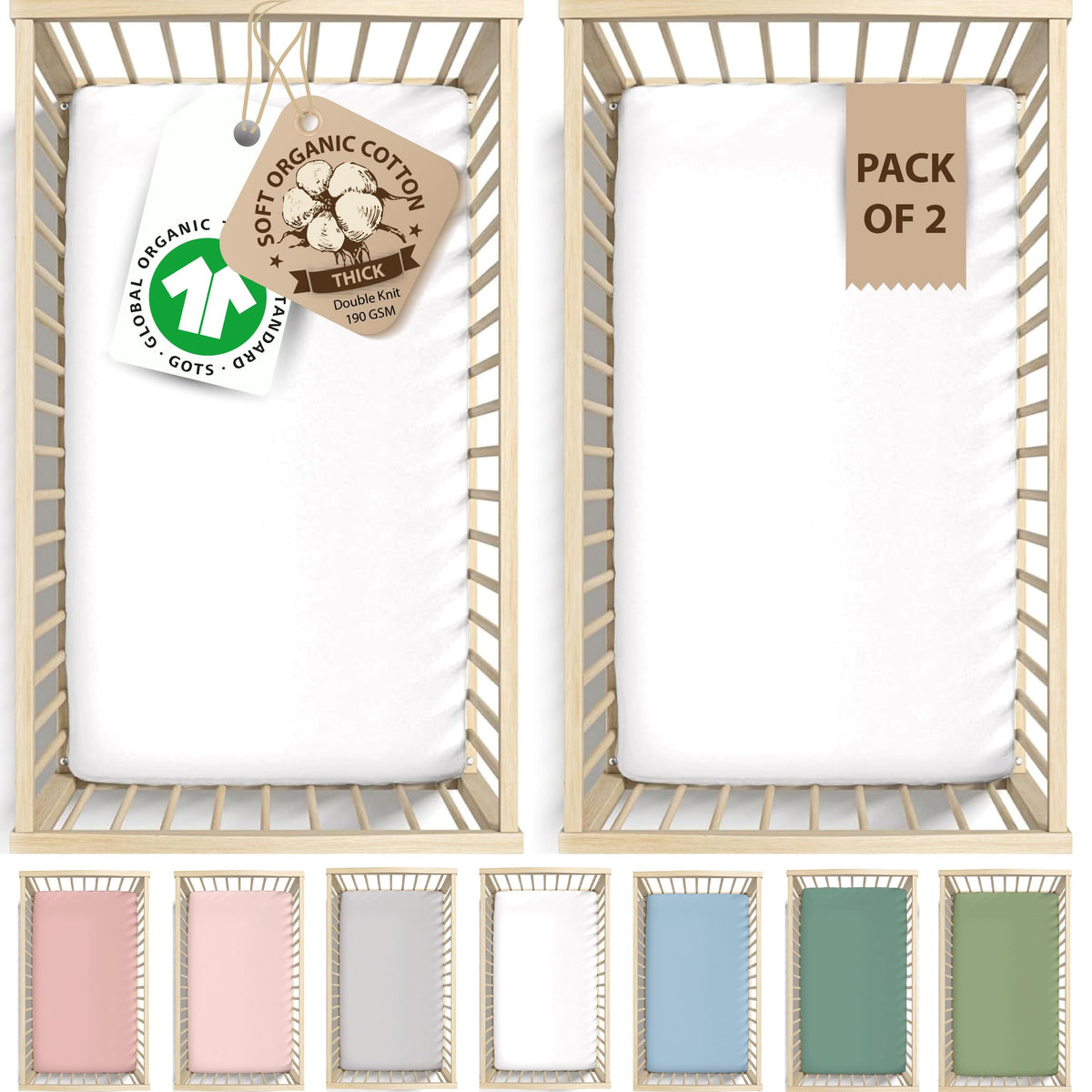 GOTS Organic Tutti Bambini Sheets (2 Pack) - Luxuriously Thick 190GSM - Next to Me Crib Sheets - Cozee Bedside Crib Sheet Fitted 51x85cm - Certified Organic Double Knit Combed Cotton