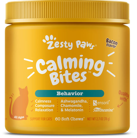 Zesty Paws Calming Chews for Cats - Composure & Relaxation for Everyday Stress & Separation - with Ashwagandha, Organic Chamomile, L-Theanine & L-Tryptophan - Bacon - 60 Count - Cat