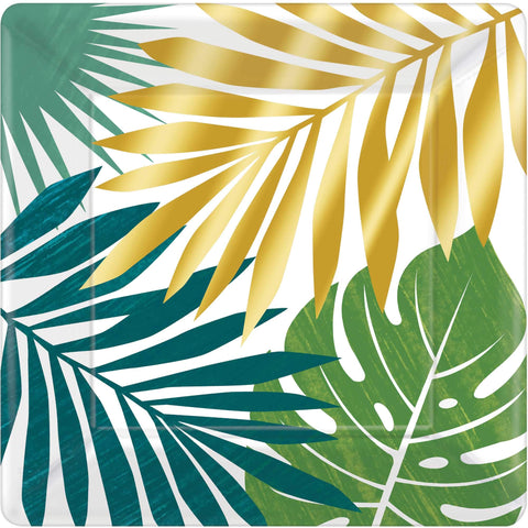 Amscan Key West Metallic Square Paper Plates - 10" (Pack of 8) - Stylish Tropical Leaves Design & Durable Tableware - Perfect for Parties and Everyday Use