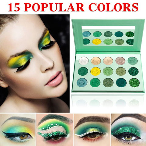 Green Eyeshadow Palette?QIUFSSE 15 Colors Eye Shadow Pallete Sets Highly Pigmented Matte Glitter Colorful Long Lasting Blendable Forest Emerald Green Yellow Makeup Pallet for Women Christmas Halloween