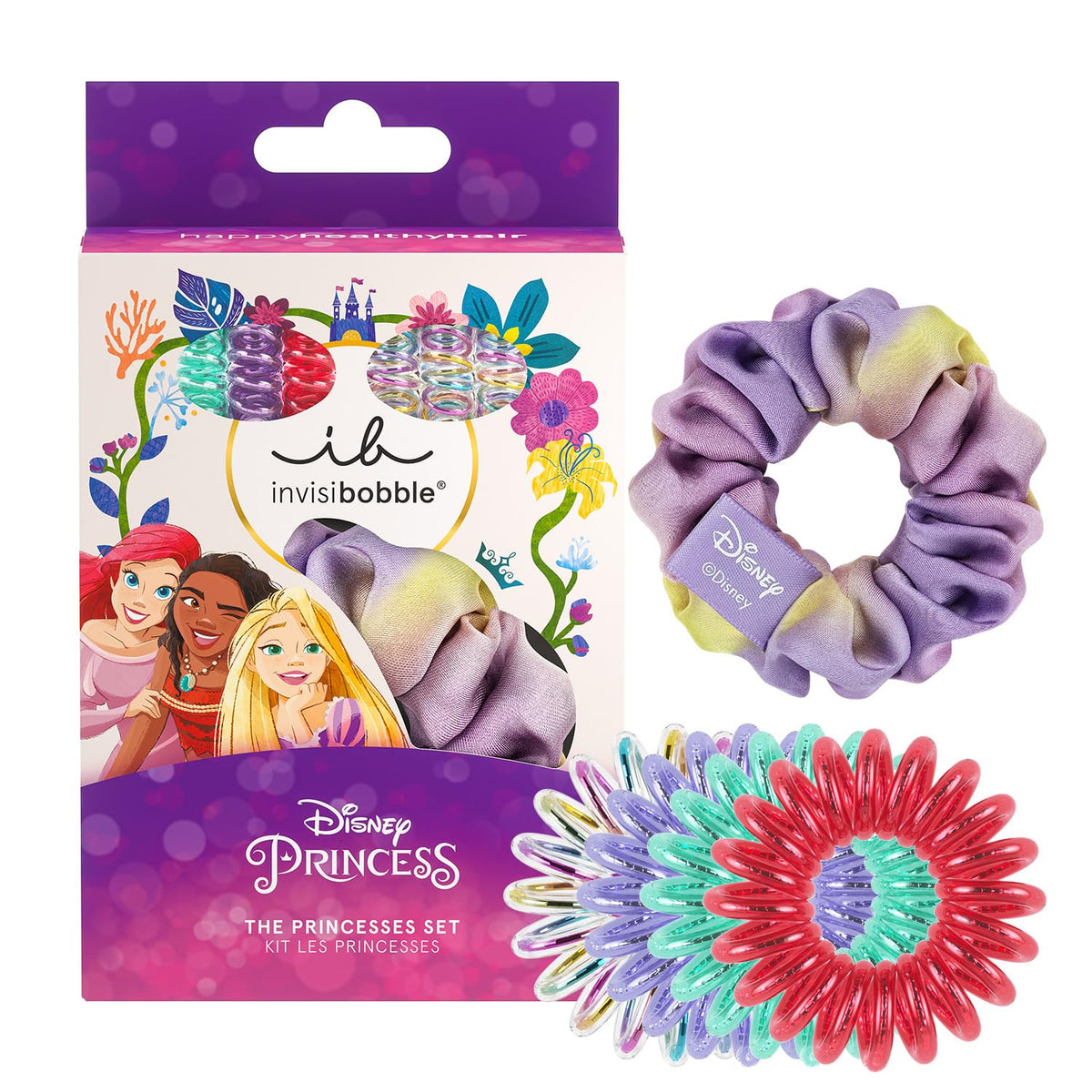 invisibobble Kids The Disney Princesses - Set of 7: 1 Scrunchie & 6 Spiral Hair Bobbles Multicoloured - Hair Accessories Girls, Hair Bobbles Girls Set, Exclusive Scrunchies & Hair Scrunchies Set