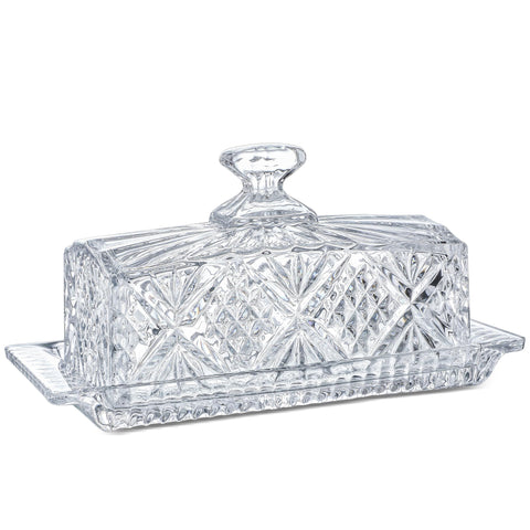 HDCRYSTALGIFTS 8inch Vintage Glass Butter Dish with Lid, Crystal Covered Butter Dish Butter Keeper Butter Holder Dishwasher Safe