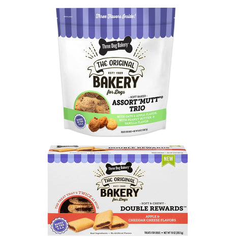 Three Dog Bakery Assort Mutt Trio Soft Baked Cookies for Dogs, Three Flavor Pack, 3 Pounds, and Double Rewards Soft and Chewy Treats, 10 Ounce Pack (114063)