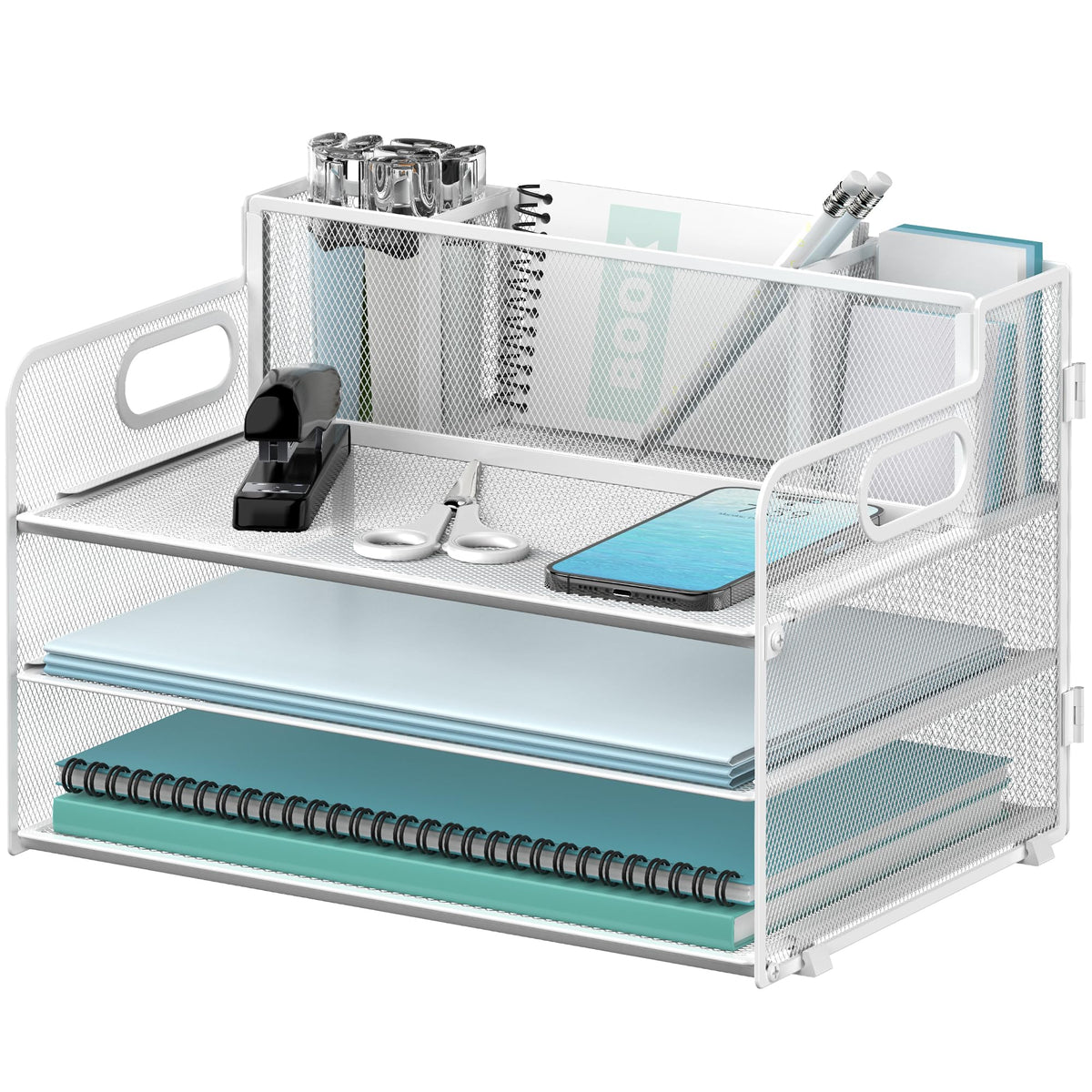 DALTACK Paper Organizer for Desk with 3 Pen Holders, 3-Tier Desk Organizer Tray with Handles, Paper Organizer Storage, Paper Tray Organizer for Home Office School, White