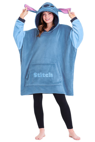 Disney Fleece Hoodie for Adults and Teenagers Oversized Hooded Poncho One Size - Stitch Gifts (Blue)