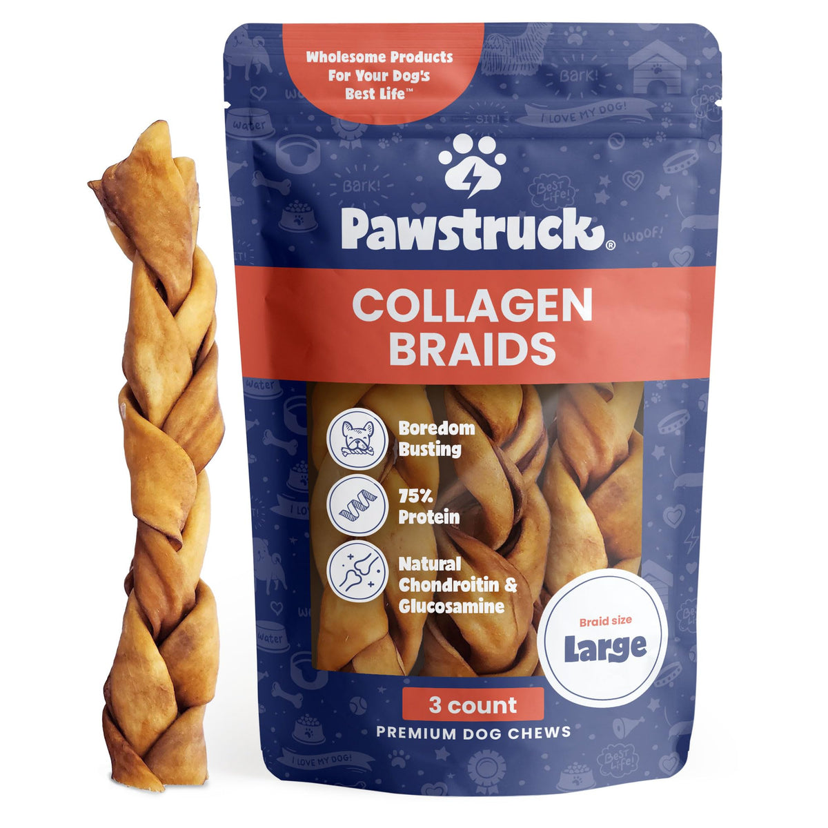 Pawstruck Natural Large 10-13ÃƒÆ’Ã‚Â¢ÃƒÂ¢Ã¢â‚¬Å¡Ã‚Â¬Ãƒâ€šÃ‚Â Beef Collagen Braids for Dogs - Healthy Long Lasting Alternative to Traditional Rawhide & Bully Sticks w/Chondroitin & Glucosamine - 3 Count - Packaging May Vary