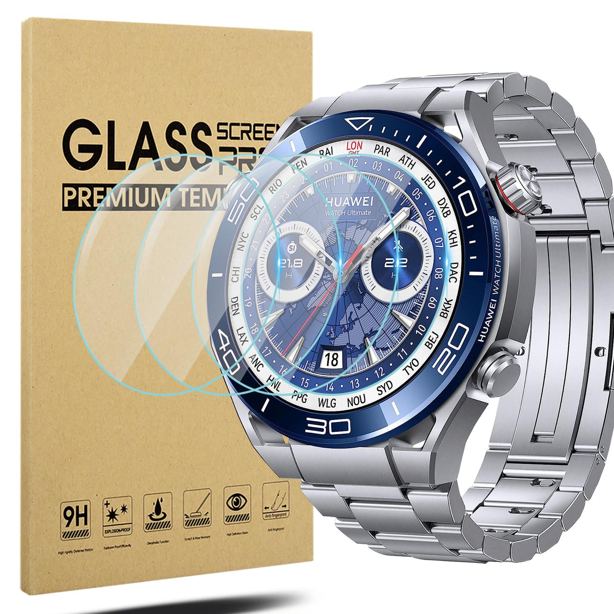 Diruite Pack of 4 Screen Protectors for Huawei Watch Ultimate Protective Film, HD Anti-Scratch Tempered Glass Screen Protector for Huawei Watch Ultimate Intelligent Watch