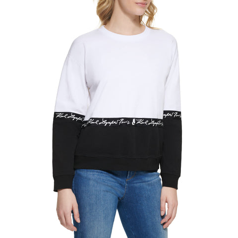 Karl Lagerfeld Paris Women's Long Sleeve Graphic Crewneck Sweatshirt, White Black, X-Large