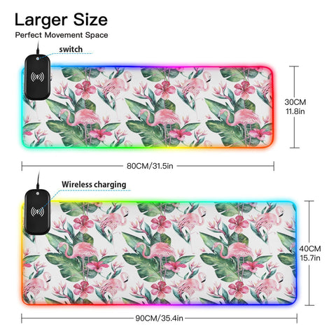 Flamingo Leaves Floral Wireless Charging Mouse Pad for Mobile Phone Extra Large Gaming Mousepad with 13 Lighting Modes Mouse Mat for MacBook PC Laptop Desk Office Home Gaming