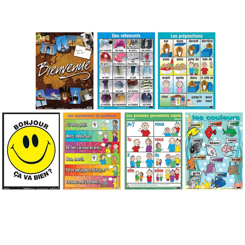 Poster Pals French Educational & Language Teaching Basic Posters, Large Colorful Charts, Classroom Reference and Instruction, FSL, 7 Pack