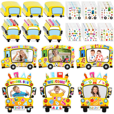 Pajean 48 Sets School Bus DIY Crafts Kit Yellow School Bus Picture Frames Back to School Stickers School Bus Birthday Photo Frames Decor for Student First Day of School Party Decor Supplies