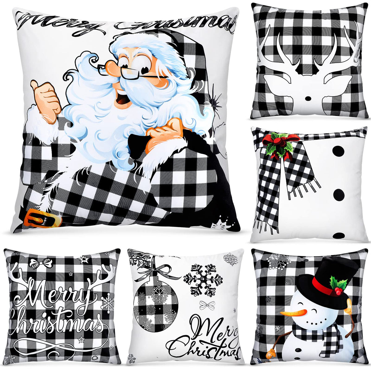 6 Pieces Christmas Pillow Covers 18 x 18 Inch Buffalo Plaid Pillow Case Christmas Pillow Case Holiday Throw Pillow Cover for Xmas Winter Sofa Couch Bedroom Decorations (Black, White)