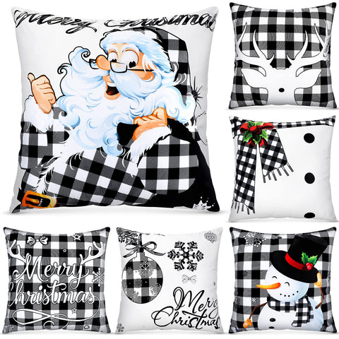 6 Pieces Christmas Pillow Covers 18 x 18 Inch Buffalo Plaid Pillow Case Christmas Pillow Case Holiday Throw Pillow Cover for Xmas Winter Sofa Couch Bedroom Decorations (Black, White)