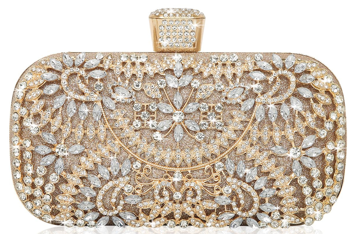 Covelin Women's Rhinestone Decorated Evening Bag, Tote Shoulder Crossbody Handbag with Chain, Champagne, M