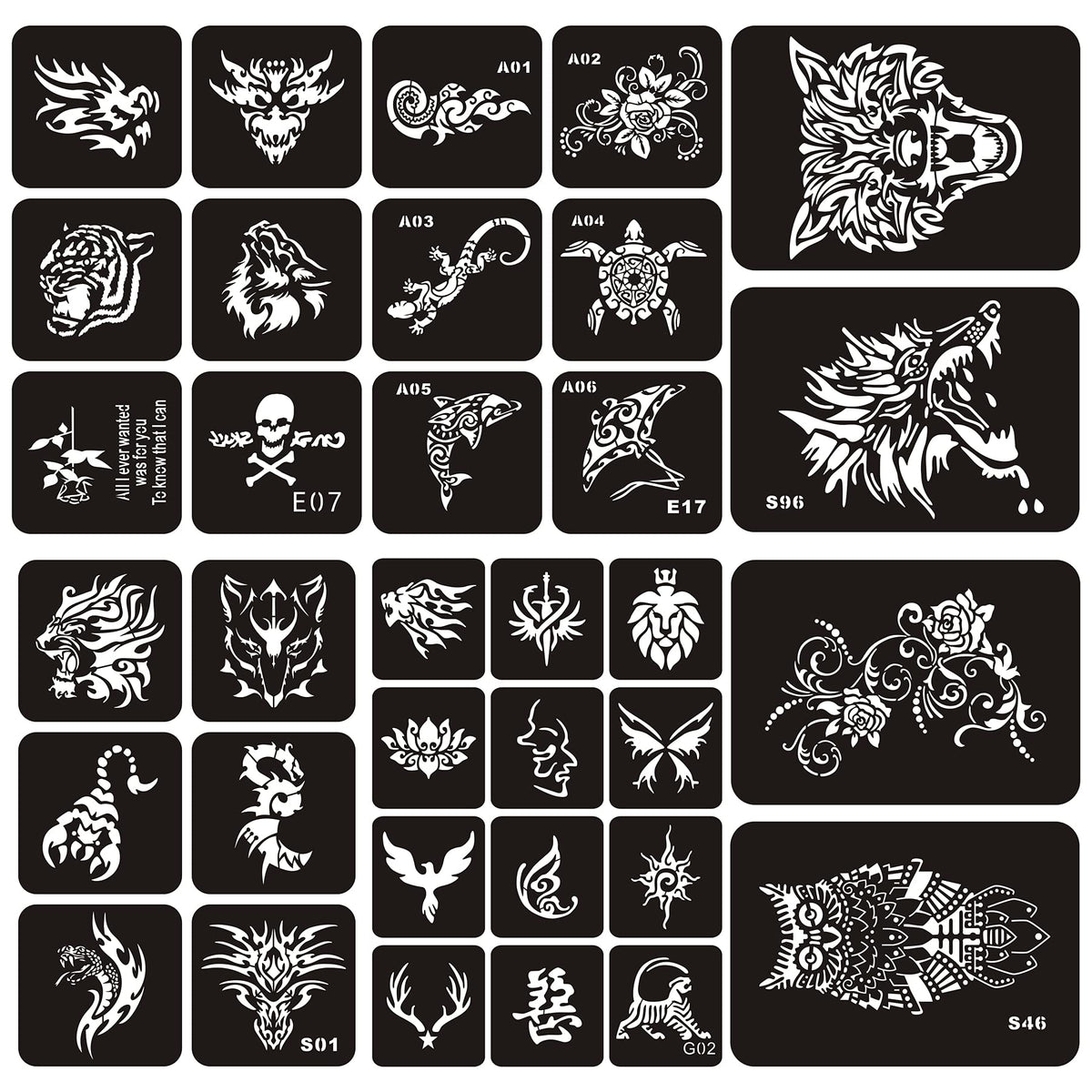Kotbs 6 Sheets Temporary Tattoo Stencils, 34pcs Animal Tiger Wolf Totem Patterns Henna Tattoo Stencil Kit Temporary Glitter Airbrush Tattoo Stencils Arabian Tattoo Stickers for Face Body Paint Art