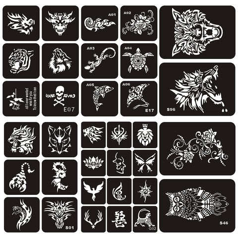 Kotbs 6 Sheets Temporary Tattoo Stencils, 34pcs Animal Tiger Wolf Totem Patterns Henna Tattoo Stencil Kit Temporary Glitter Airbrush Tattoo Stencils Arabian Tattoo Stickers for Face Body Paint Art