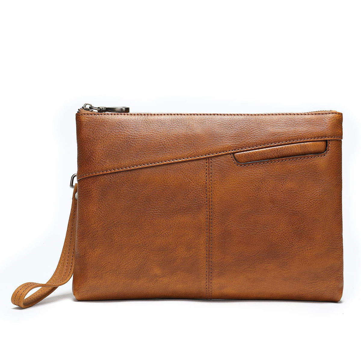 NIUCUNZH Genuine Leather Mens Clutch Bag Man Purse Handbag 12 inches Large Hand Bag Big Clutch Wallet, Brown, L, Zippered Wallet
