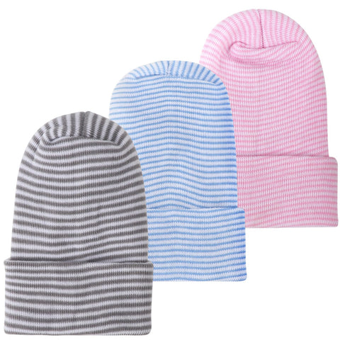 AQOKKA 3 Pack Newborn Baby Hat Newborn Beanie Striped Hat Soft Toddler Cotton Hospital Hat for Infant Boys Girls 0-6 Months