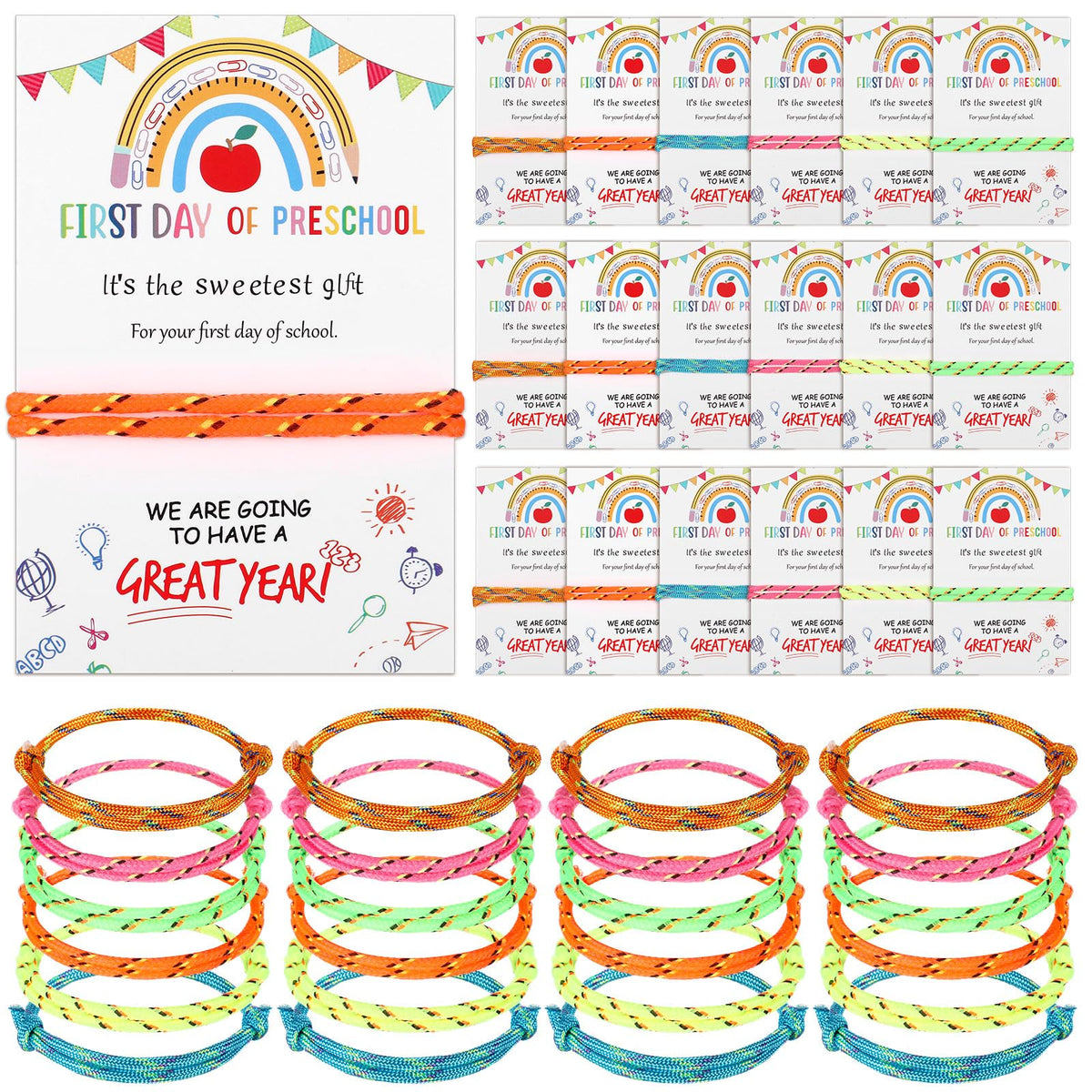 Huquary First Day of Preschool Gift for Students Bulk Back to School Party Favors Adjustable Bracelet with Card Sets Friendship Bracelets Neon Woven Rope Classroom Supplies Reward(48 Sets)