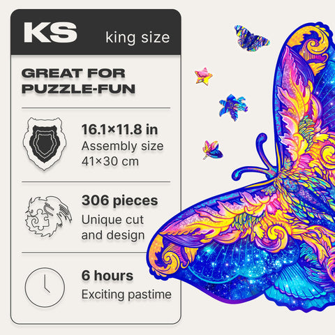 UNIDRAGON Original Wooden Jigsaw Puzzles - Intergalaxy Butterfly, 306 pcs, King Size 16.1"x11.8", Beautiful Gift Package, Unique Shape Best Gift for Adults and Kids