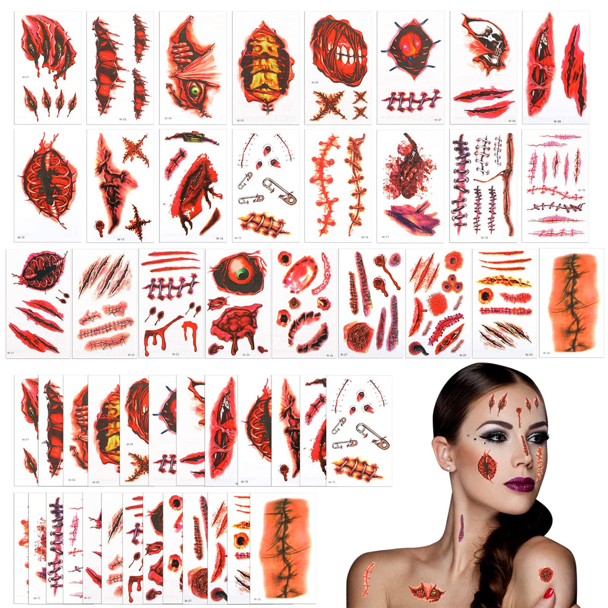 30 Sheets Halloween Tattoos Halloween Temporary Tattoos Zombie Scars Stickers with Fake Scab Temporary Wound Stickers Makeup Tattoo for Kid Adult Halloween Party Cosplay